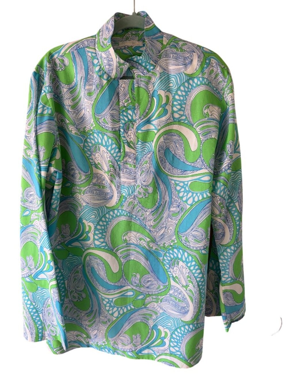 Sat Purush 1960s Mens Swirl and Wave Motif Tunic Shirt Size XL Green Crepe Rare
